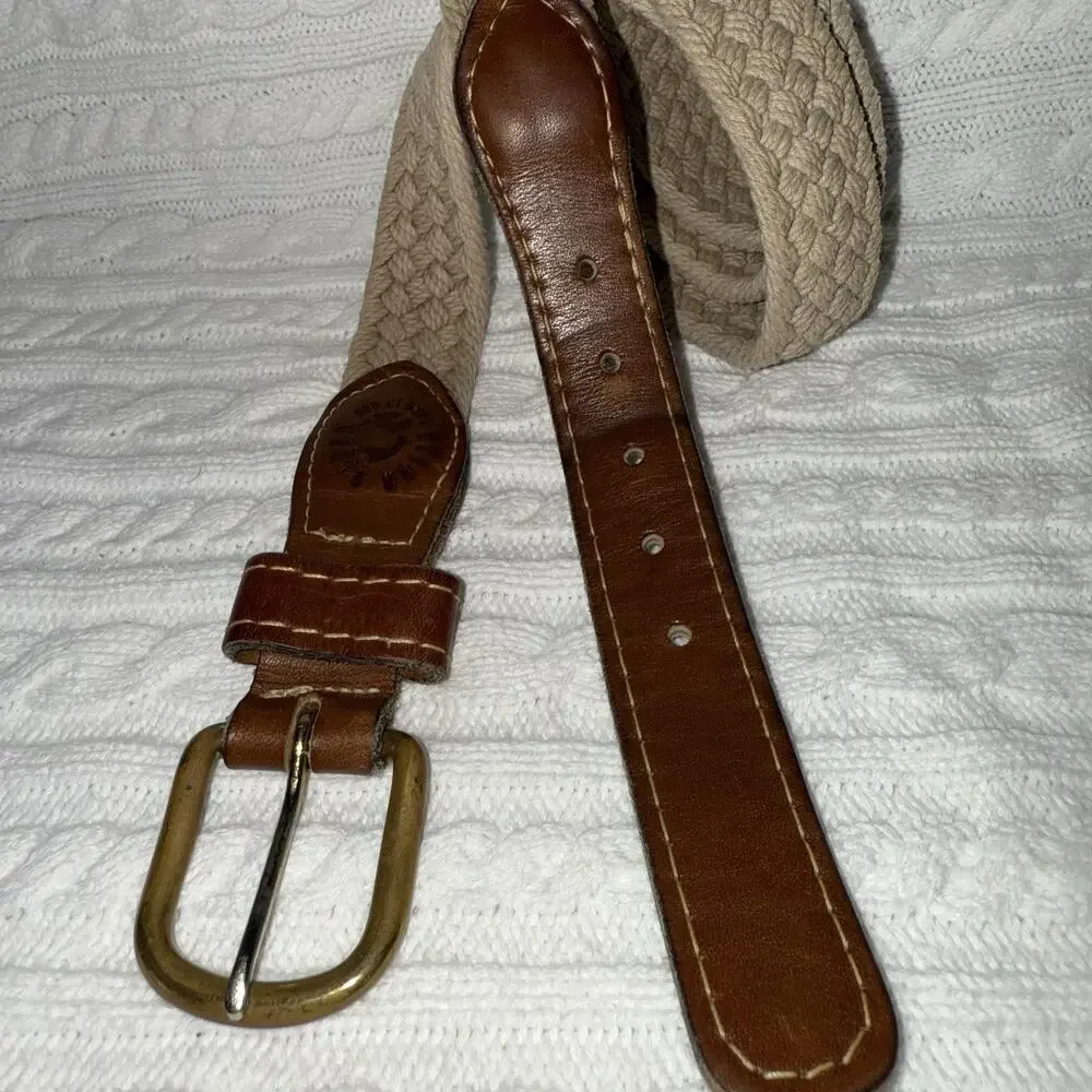 Ocean Rider Mens Leather Canvas Fishing Brass Buckle Belt Preppy Sporty Sz 40